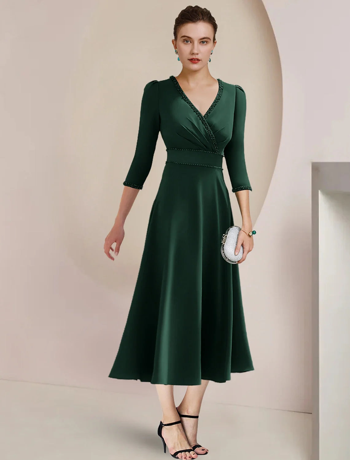 A-Line Mother of the Bride Dress Formal Wedding Guest Party Elegant V Neck Tea Length Fabric 3/4 Length Sleeve with Beading Side-Draped