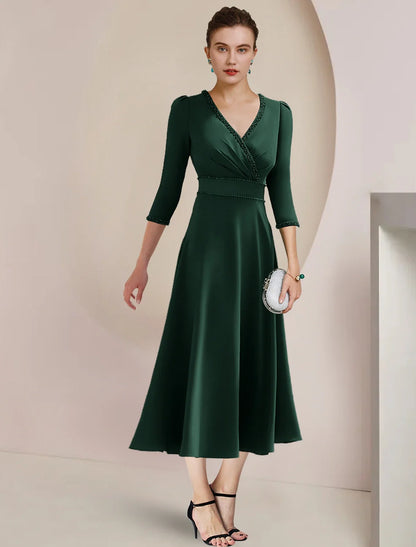 A-Line Mother of the Bride Dress Formal Wedding Guest Party Elegant V Neck Tea Length Fabric 3/4 Length Sleeve with Beading Side-Draped