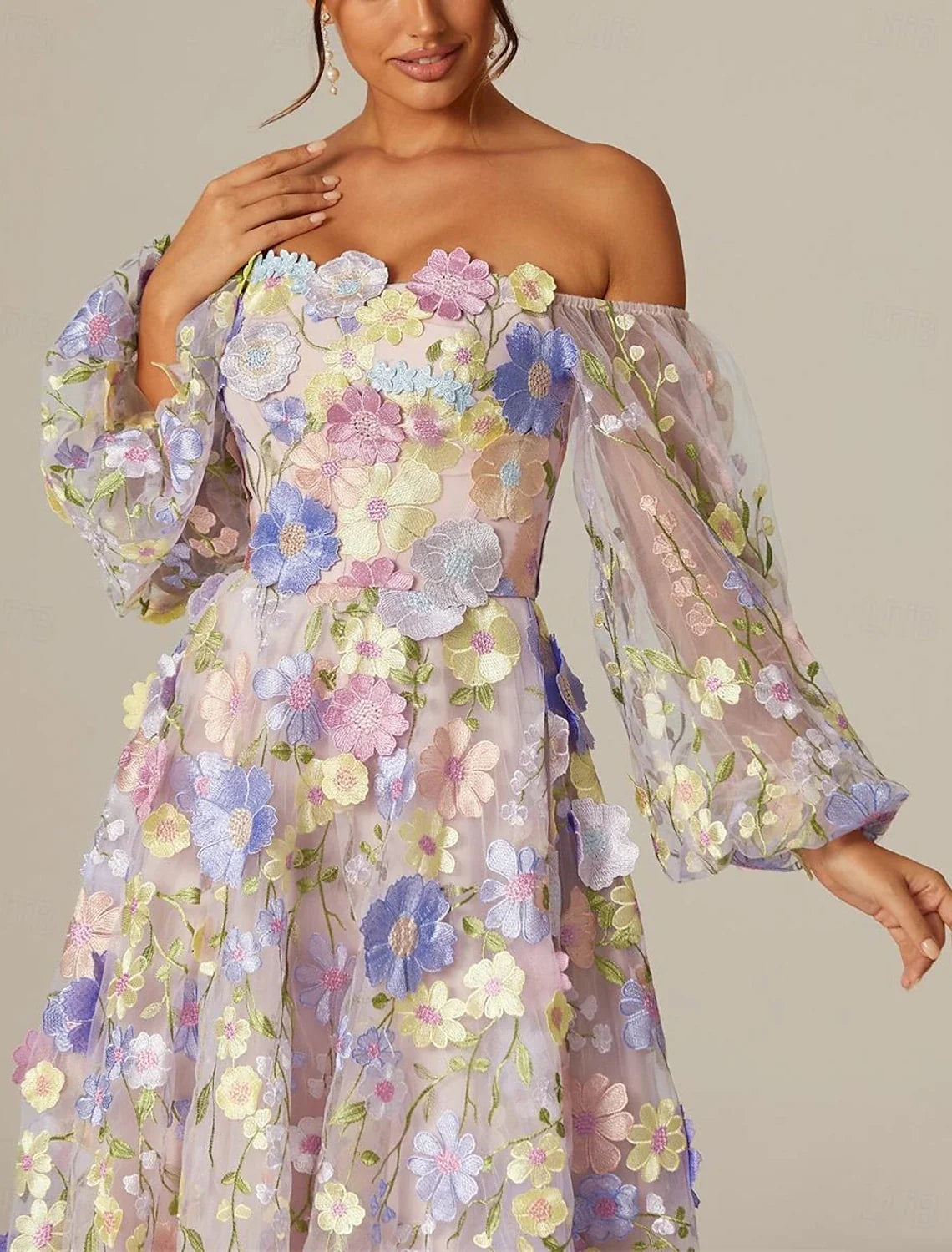 A-Line Prom Dresses Vintage Dress Valentine's Day Prom Tea Length Long Sleeve Square Neck Tulle with Appliques