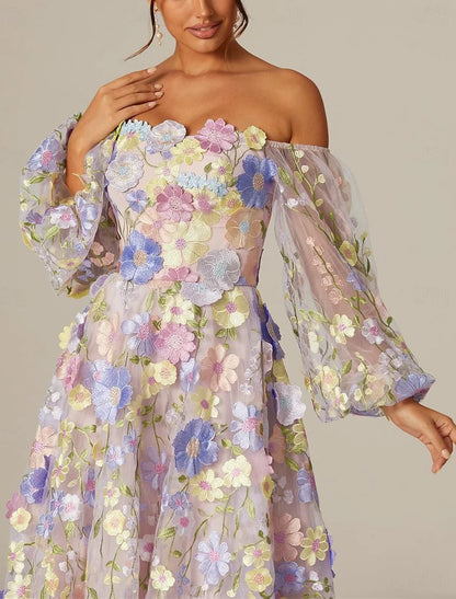 A-Line Prom Dresses Vintage Dress Valentine's Day Prom Tea Length Long Sleeve Square Neck Tulle with Appliques