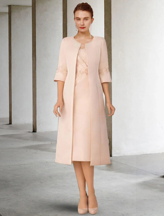 Two Piece Sheath / Column Mother of the Bride Dress Church Elegant Winter With Jacket Short Sleeve V Neck Knee Length Lace Chiffon Appliques Side-Draped