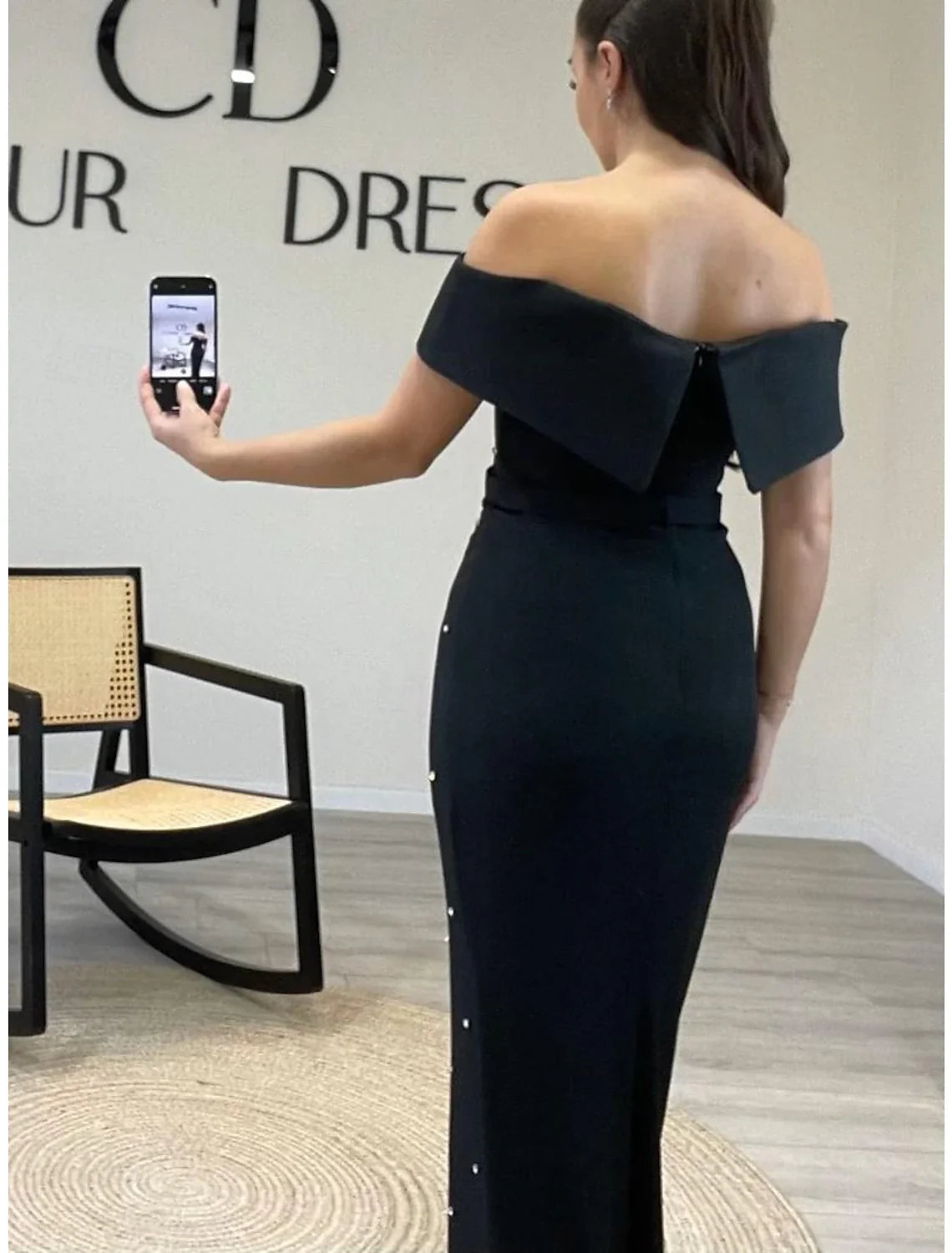Mermaid / Trumpet Evening Gown Elegant Dress Formal Wedding Guest Floor Length Short Sleeve Off Shoulder Crepe with Beading