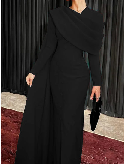 Sheath / Column Red Black Christmas Red Green Dress Evening Gown Elegant Cape Dress Formal Fall Sweep / Brush Train Long Sleeve Cowl Neck Fabric with Buttons Slit 2026