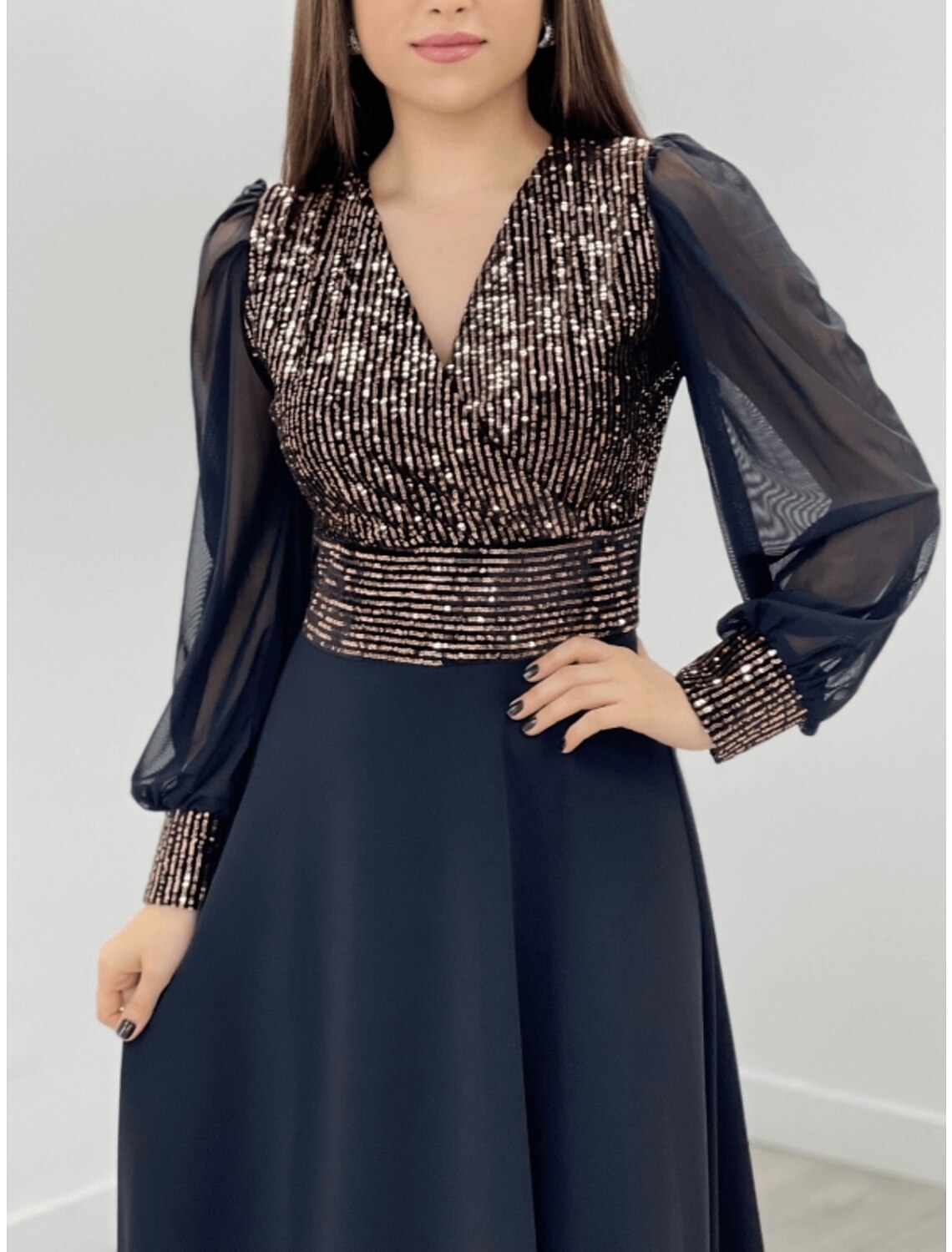 A-Line Evening Gown Sparkle & Shine Dress Formal Wedding Guest Floor Length Long Sleeve V Neck Chiffon with Glitter Pleats