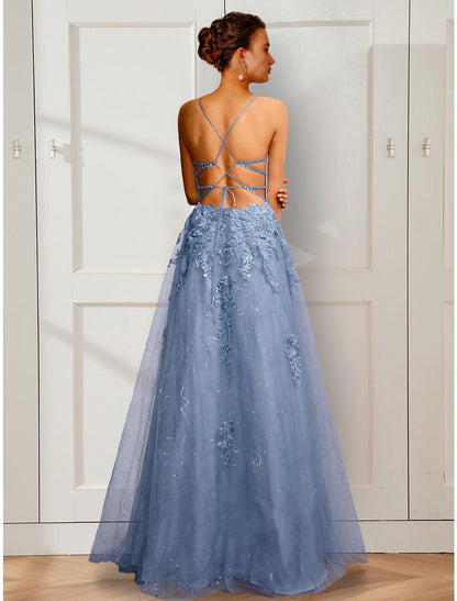 A-Line Prom Dresses Floral Dress Party Wear Prom Floor Length Sleeveless Spaghetti Strap Satin with Appliques