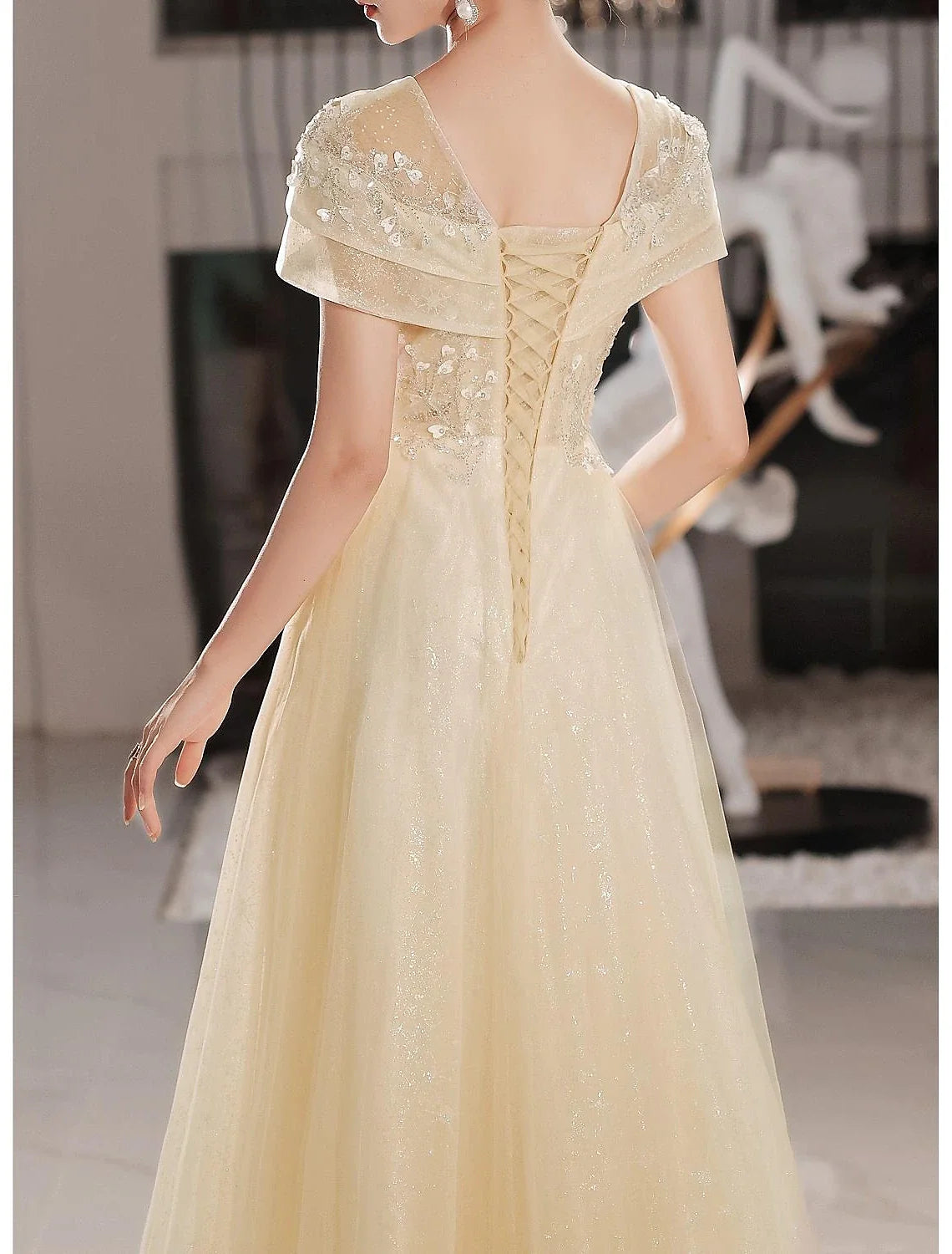 A-Line Beautiful Back Elegant Prom Formal Evening Dress Jewel Neck Short Sleeve Floor Length Lace with Beading Appliques 2025