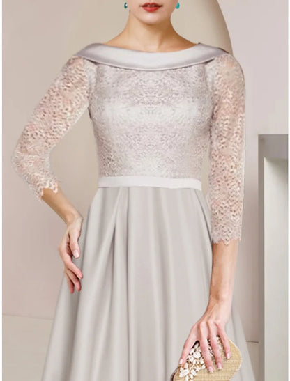 Sheath / Column Mother of the Bride Dress Wedding Guest Minimalist Elegant Scoop Neck Tea Length Satin Lace Half Sleeve with Ruching