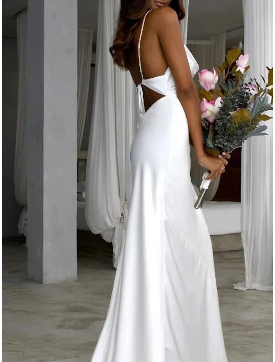 Beach Simple Wedding Dresses Sheath / Column Square Neck Camisole Spaghetti Strap Sweep / Brush Train Fabric Bridal Gowns With Ruched Solid Color