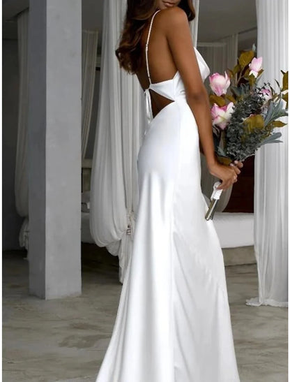 Beach Simple Wedding Dresses Sheath / Column Square Neck Camisole Spaghetti Strap Sweep / Brush Train Fabric Bridal Gowns With Ruched Solid Color
