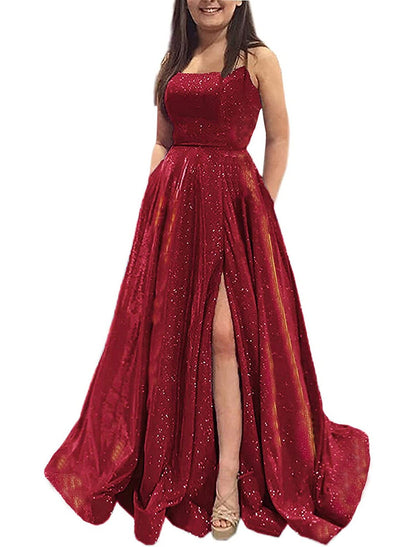 A-Line Prom Dresses Sparkle & Shine Dress Formal Prom Floor Length Sleeveless Strapless Pocket Satin Backless with Slit Pocket