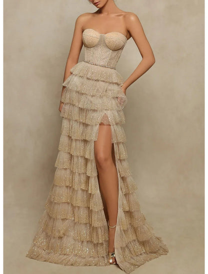 Ball Gown A-Line Prom Dresses Elegant Dress Formal Prom Floor Length Sleeveless Strapless Tulle with Sequin Slit