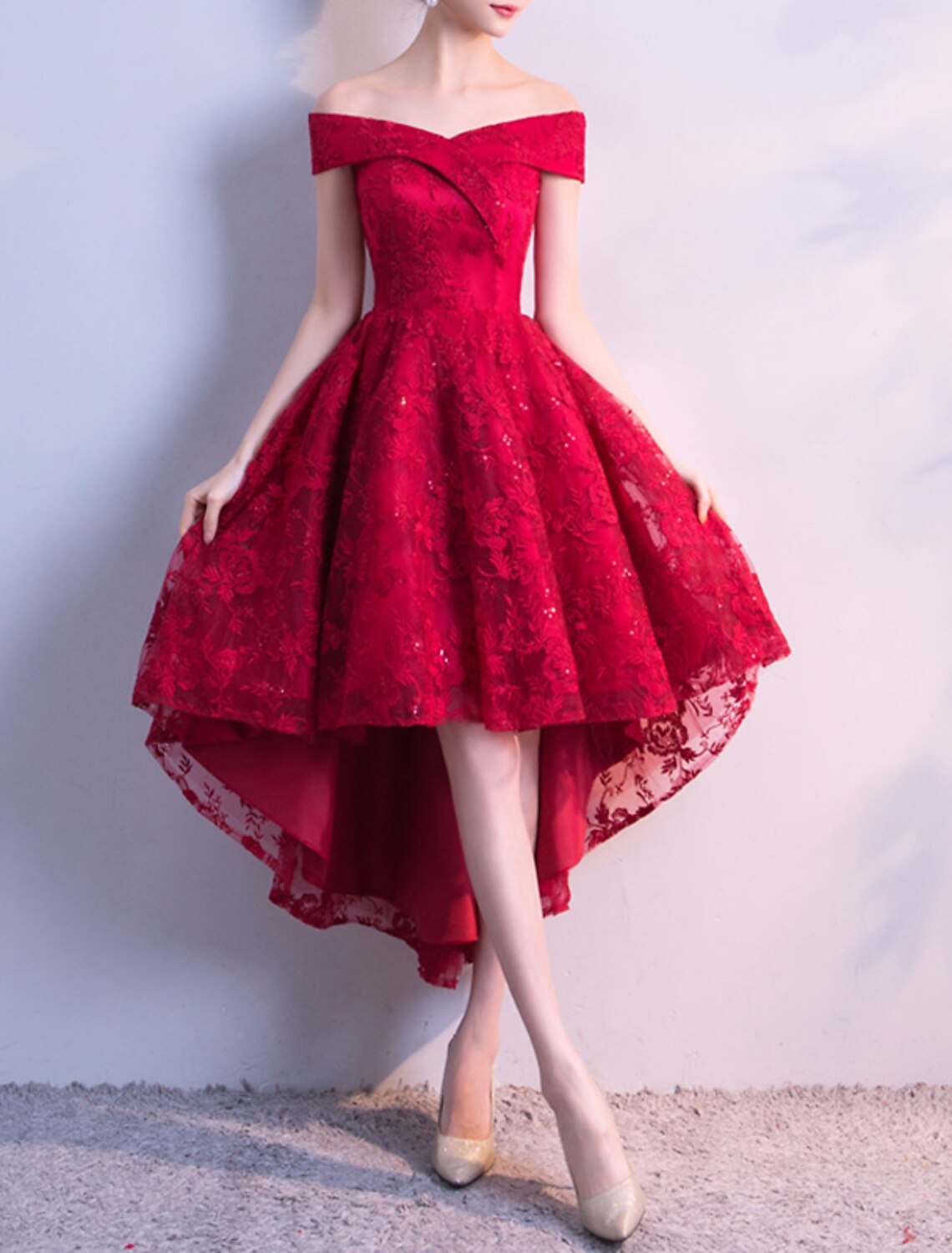 A-Line Cocktail Dresses Elegant Dress Party Wear Cocktail Party Asymmetrical Short Sleeve Off Shoulder Tulle with Pleats Embroidery