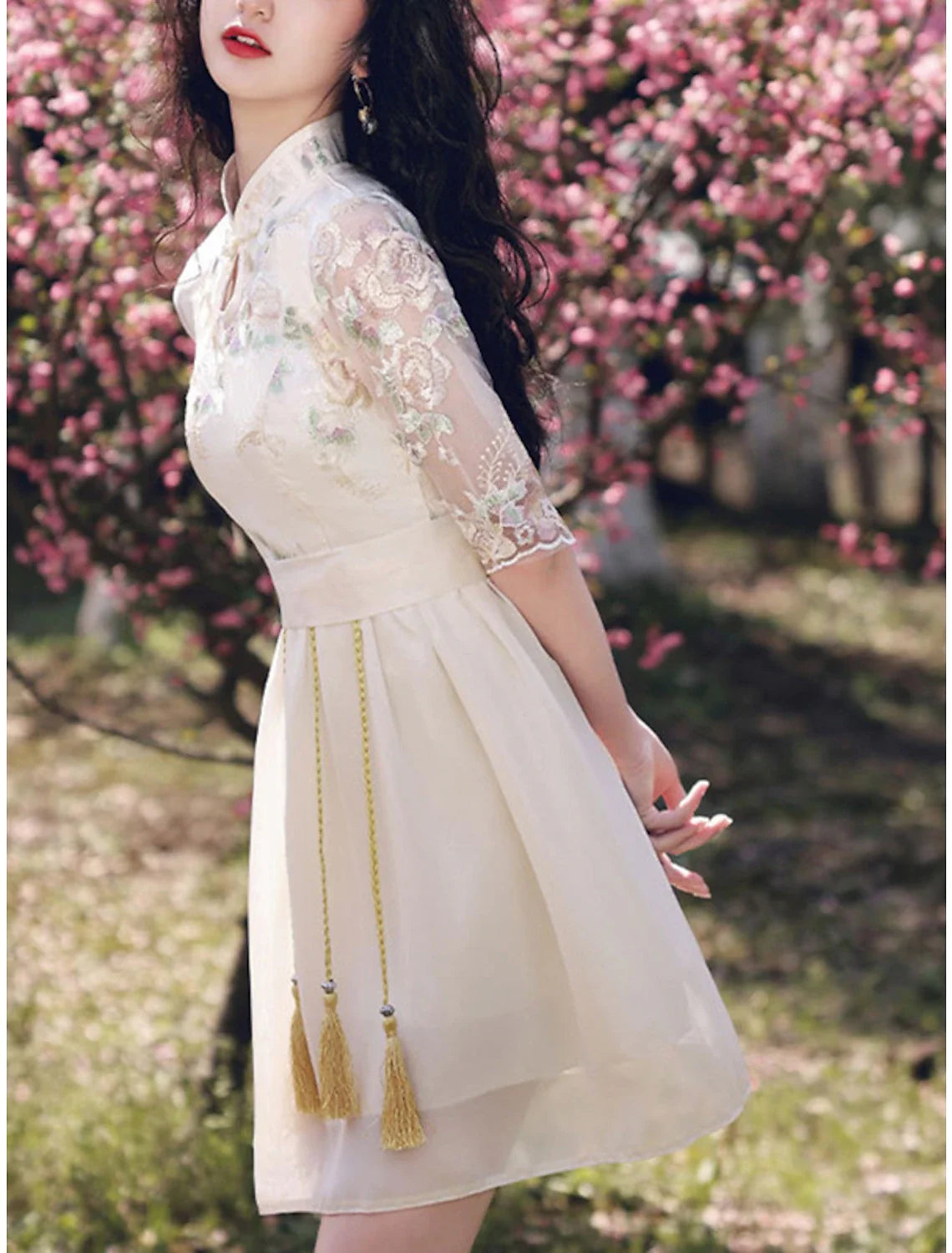 A-Line Chinese Style Elegant Graduation Prom Dress Stand Collar Half Sleeve Short / Mini Chiffon with Tassel Embroidery
