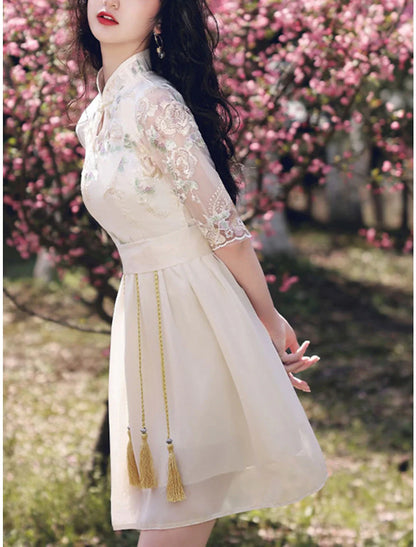 A-Line Chinese Style Elegant Graduation Prom Dress Stand Collar Half Sleeve Short / Mini Chiffon with Tassel Embroidery