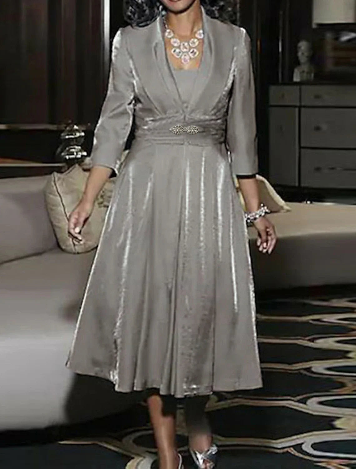 A-Line Mother of the Bride Dress Wedding Guest Elegant Vintage Plus Size Square Neck Tea Length Polyester 3/4 Length Sleeve Jacket Dresses with Ruching