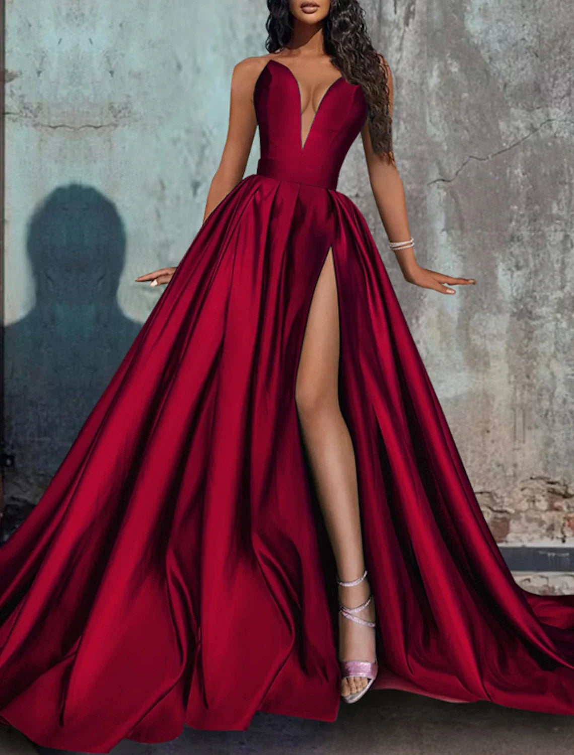 A-Line Evening Gown Christmas Red Green Dress Formal Wedding Party Court Train Sleeveless Strapless Satin with Pleats Slit