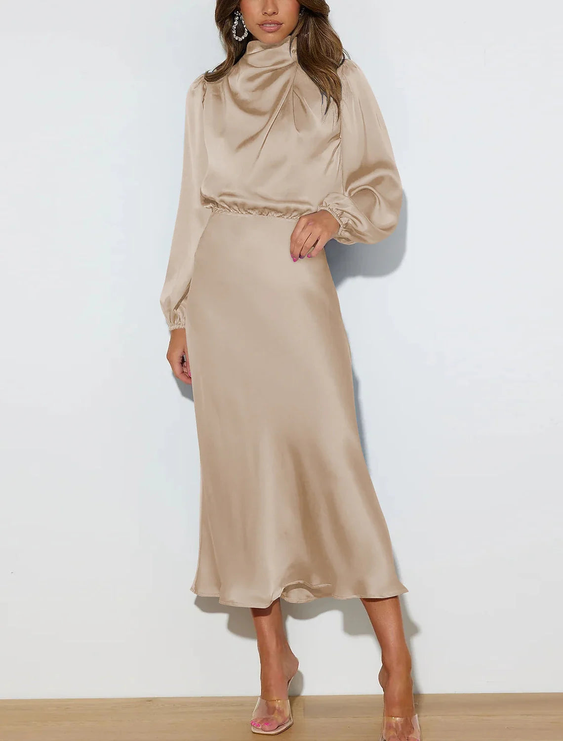 Champagne Green Pink Mermaid / Trumpet Party Dresses Vintage Dress Birthday Ankle Length Long Sleeve High Neck Fall Wedding Reception Satin