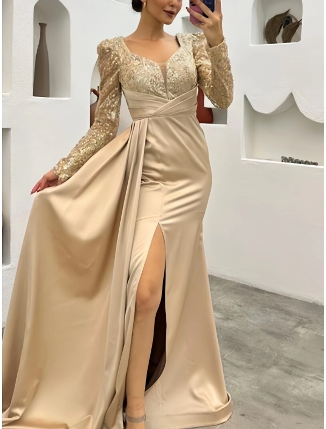 A-Line Evening Gown Elegant Dress Formal Wedding Guest Court Train Long Sleeve Square Neck Satin with Ruched Sequin Slit 2026