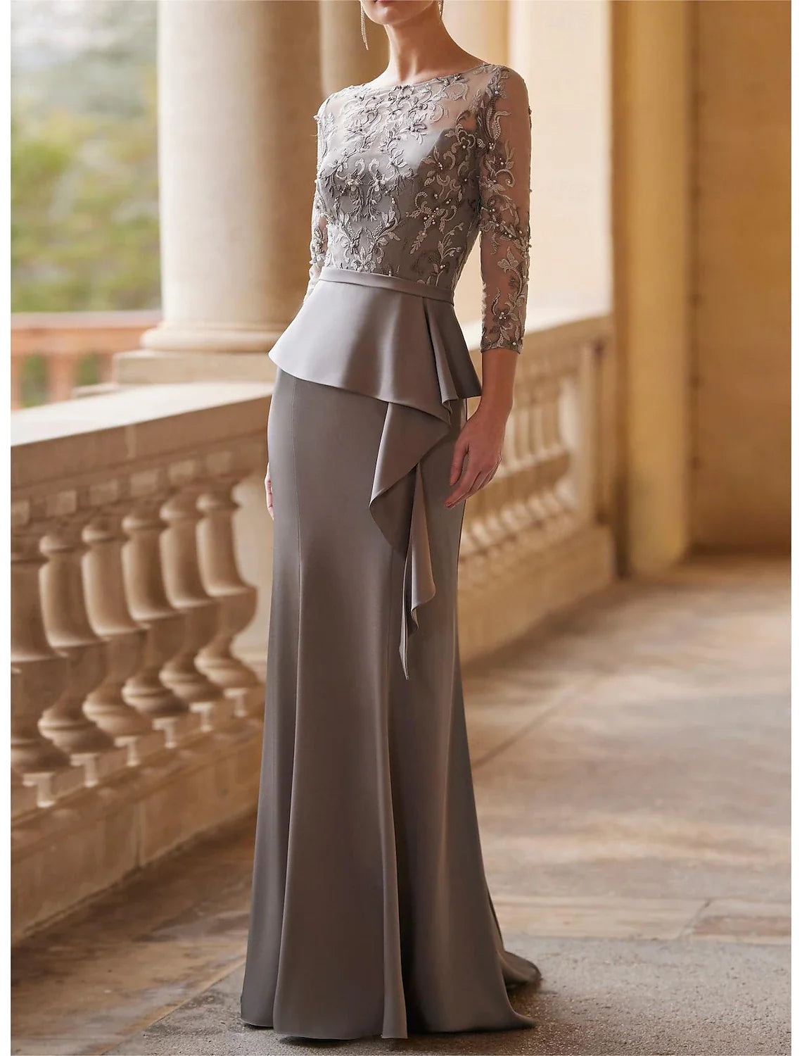 Mermaid/Small Mother of the bride dresses Wedding Guests Elegant Retro Party Illusion Neckline and Floor Length Lace Fabric 3/4 Long Sleeves Half Sleeve Belt/Ribbon Pleated Beads