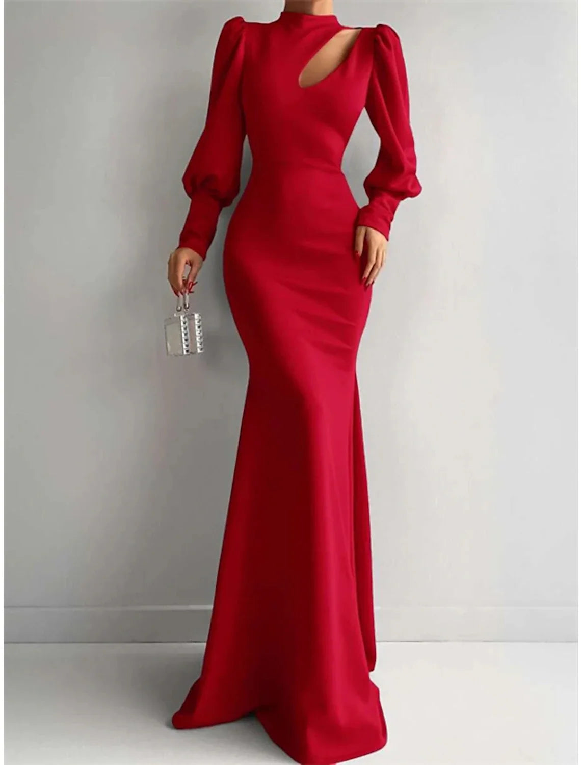 Mermaid Evening Gown Elegant Dress Formal Red Green Dress Sweep / Brush Train Long Sleeve High Neck Satin with Ruched