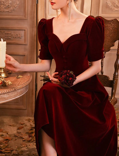A-Line Cocktail Dresses Elegant Dress Wedding Guest Homecoming Tea Length Half Sleeve Scoop Neck Velvet with Buttons