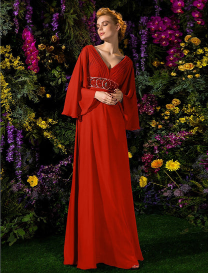 A-Line Mother of the Bride Dress Vintage Inspired V Neck Floor Length Chiffon Long Sleeve with Crystals Beading Side Draping