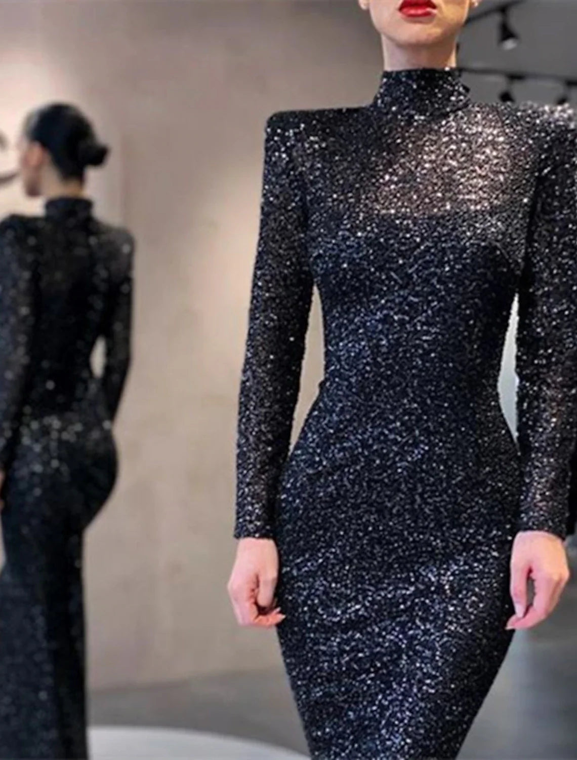 Mermaid Black Dress Evening Gown Sparkle & Shine Dress Formal Cocktail Party Floor Length Long Sleeve High Neck Sequined with Sequin 2026