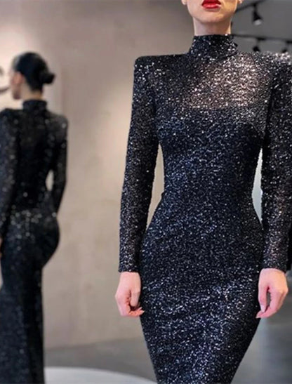 Mermaid Black Dress Evening Gown Sparkle & Shine Dress Formal Cocktail Party Floor Length Long Sleeve High Neck Sequined with Sequin 2026