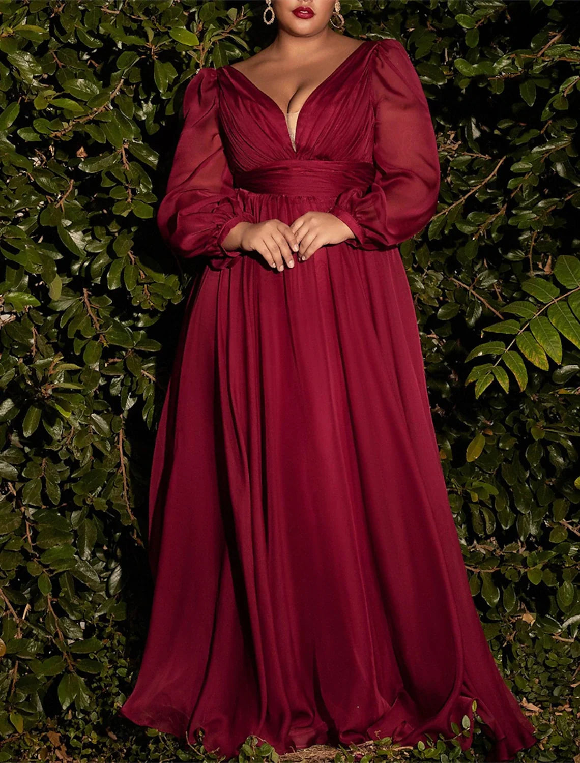 A-Line Bridesmaid Dress V Neck Long Sleeve Blue Floor Length Chiffon with Ruching / Solid Color