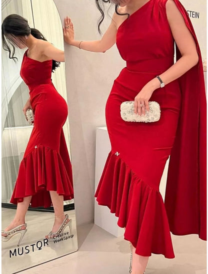 Mermaid / Trumpet Evening Gown Christmas Elegant Dress Formal Asymmetrical Sleeveless One Shoulder Chiffon with Pleats Ruched