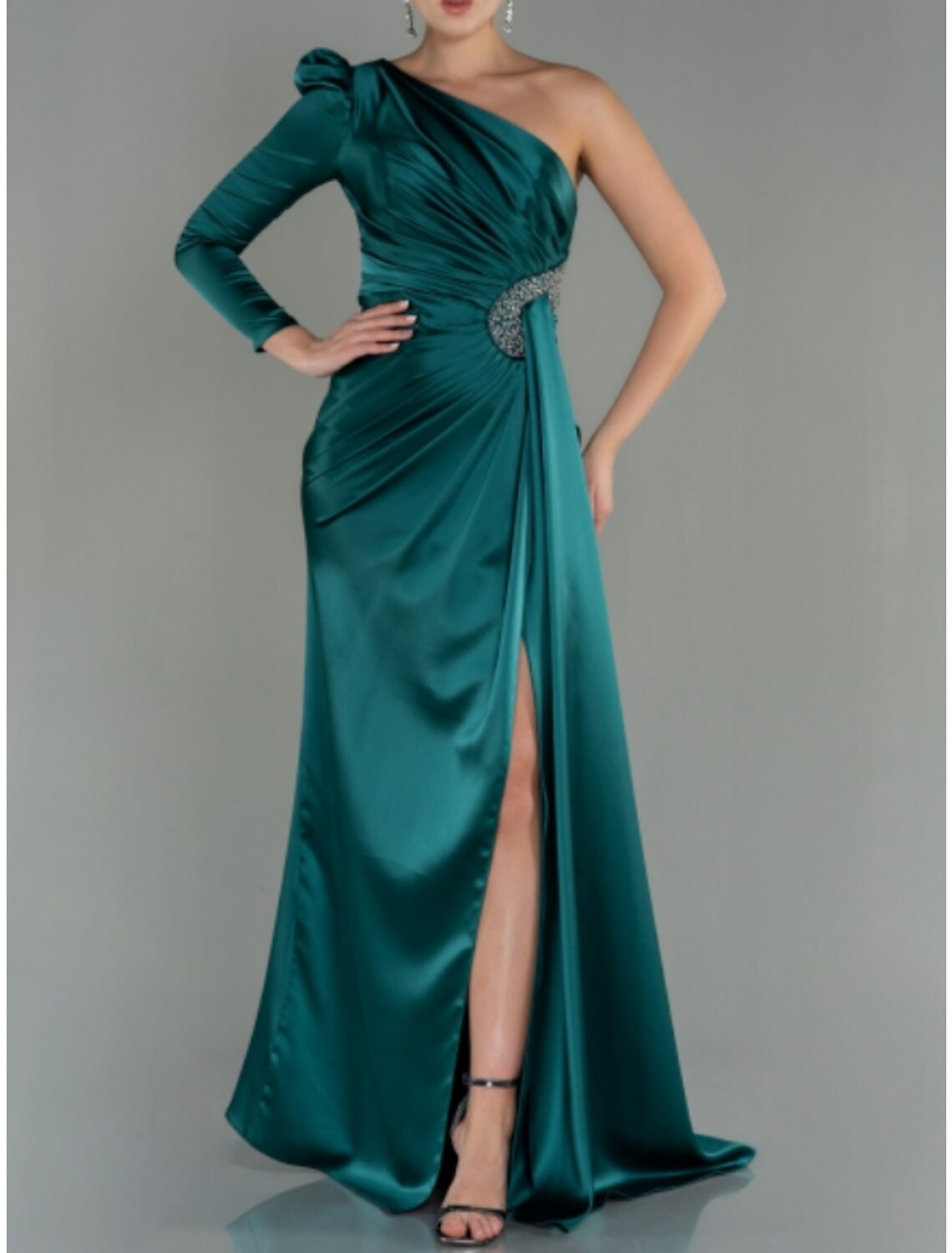 A-Line Evening Gown Elegant Dress Formal Fall Sweep / Brush Train Long Sleeve One Shoulder Satin with Ruched Sequin Slit 2026