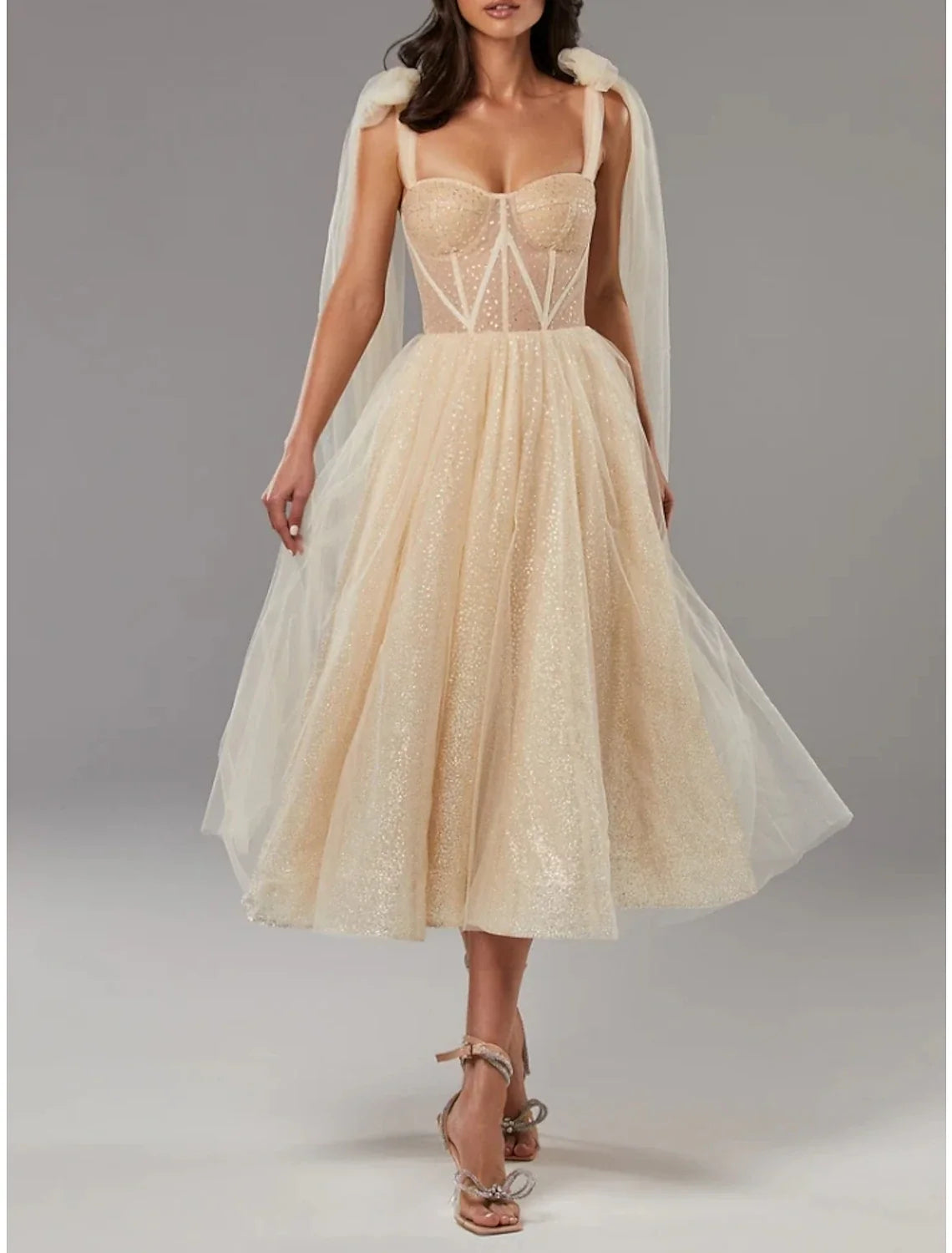 A-Line Prom Dresses Elegant Dress Formal Tea Length Sleeveless Sweetheart Tulle with Pleats Sequin 2026