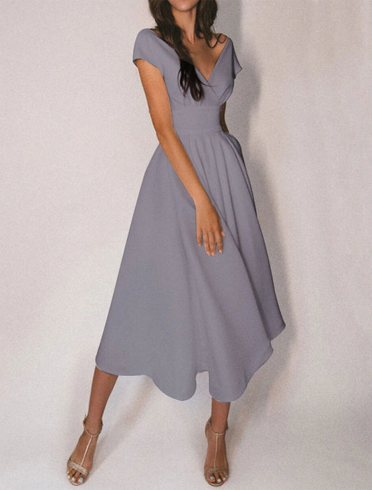 A-Line Cocktail Dresses Party Dress Homecoming Wedding Guest Tea Length Short Sleeve Off Shoulder Fabric with Sleek Pure Color 2026