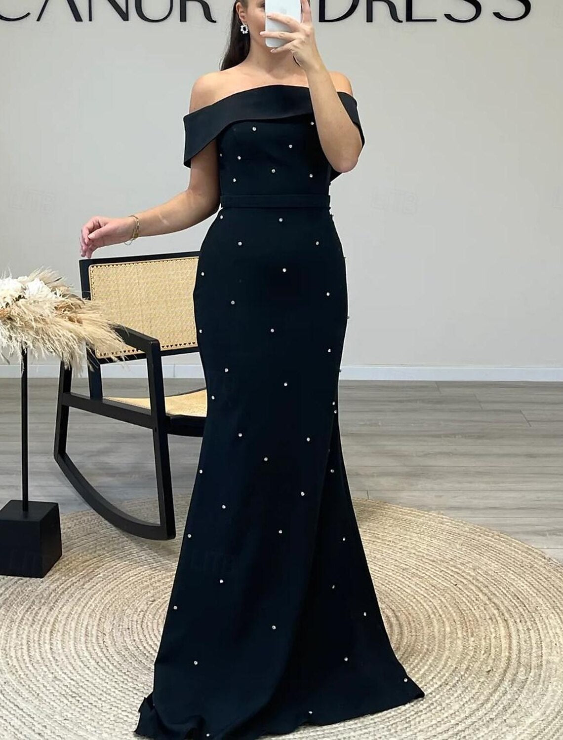 Mermaid / Trumpet Evening Gown Elegant Dress Formal Wedding Guest Floor Length Short Sleeve Off Shoulder Crepe with Beading