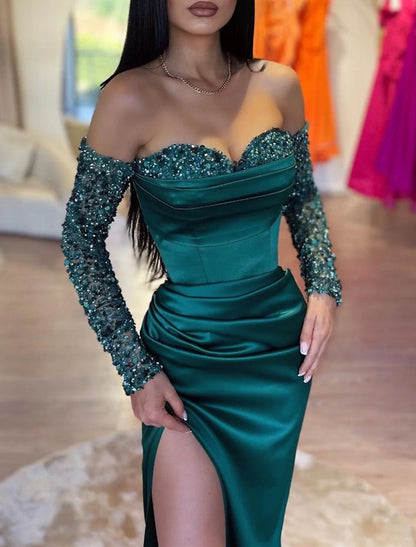 Mermaid Dress Evening Gown Christmas Red Green Dress Formal Masquerade Sweep / Brush Train Long Sleeve Off Shoulder Sequined with Ruched Sequin Slit 2026