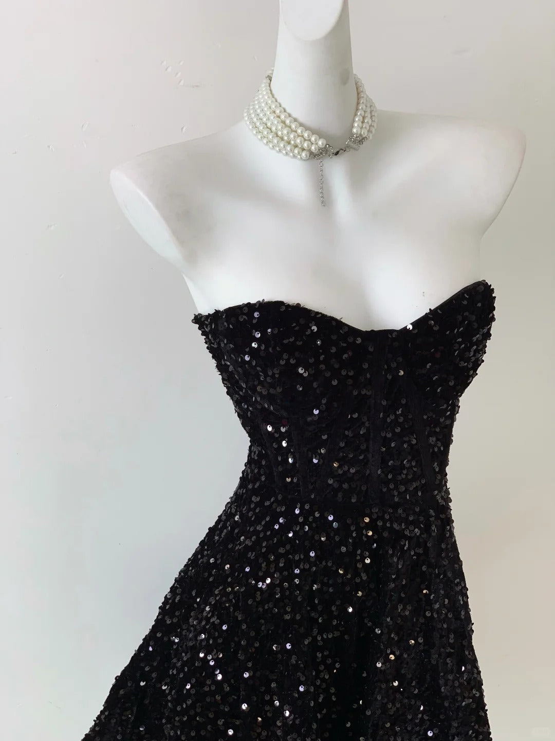 Vintage Black Strapless Sequin A-line Sweetheart Party Dresses Homecoming Dresses, TP3792