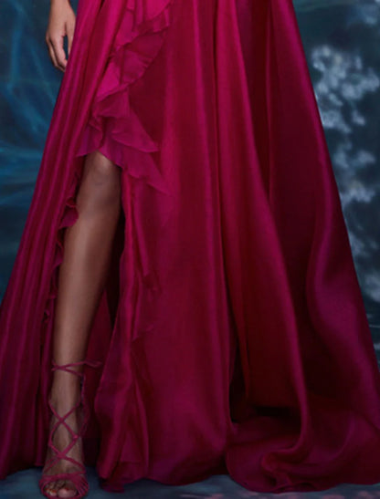 A-Line Evening Gown Celebrity Style Dress Red Green Dress Formal Wedding Guest Floor Length Sleeveless V Neck Chiffon with Slit Pure Color