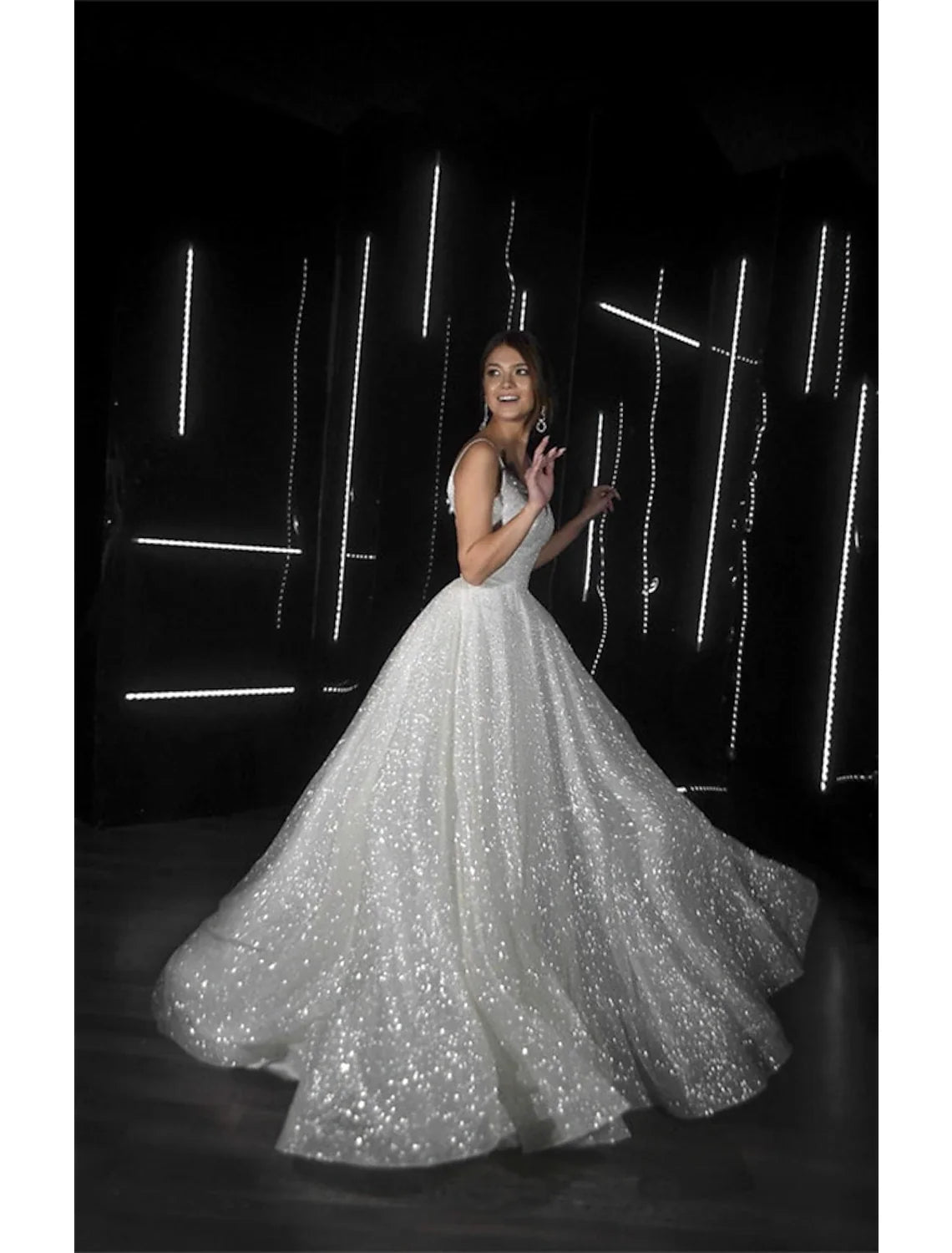 Hall Sparkle & Shine Casual Wedding Dresses A-Line Camisole V Neck Spaghetti Strap Sweep / Brush Train Sequined Bridal Gowns With Solid Color Summer Fall Wedding Party 2026, Women's Clothing