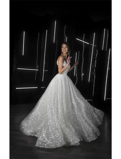 Hall Sparkle & Shine Casual Wedding Dresses A-Line Camisole V Neck Spaghetti Strap Sweep / Brush Train Sequined Bridal Gowns With Solid Color Summer Fall Wedding Party 2026, Women's Clothing
