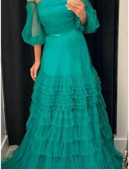A-Line Prom Dresses Elegant Dress Formal Sweep / Brush Train Half Sleeve Strapless Tulle with Pleats Ruched Ruffles