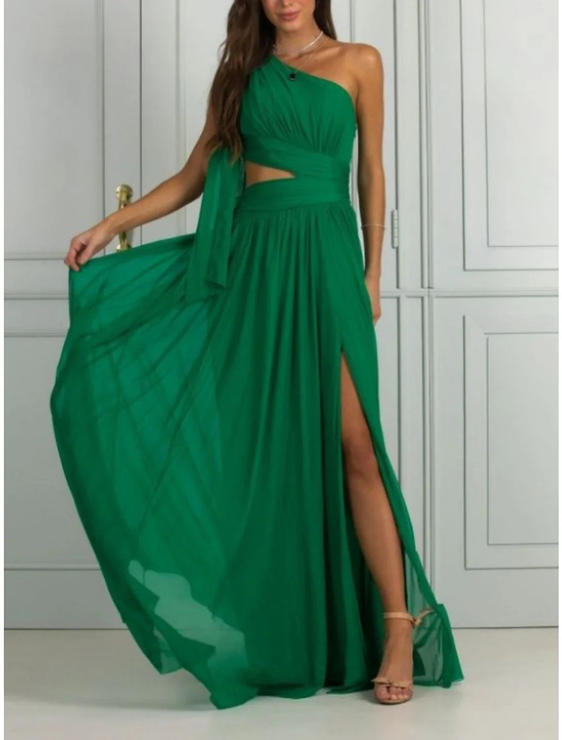 Sheath Christmas Red Green Dresses Elegant Dress Birthday Floor Length Sleeveless One Shoulder Chiffon with Glitter Bow(s) Pleats
