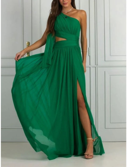Sheath Christmas Red Green Dresses Elegant Dress Birthday Floor Length Sleeveless One Shoulder Chiffon with Glitter Bow(s) Pleats