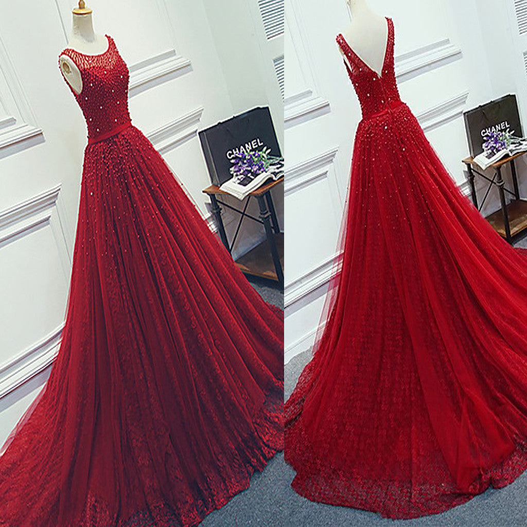Red Beading Sparkly Unique Ball Gown Round Neck Formal Elegant Long Prom Dresses