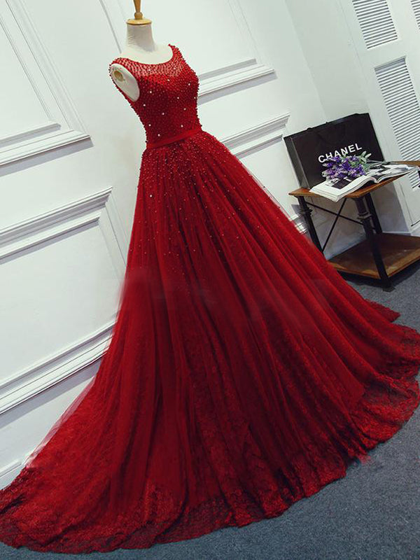 Red Beading Sparkly Unique Ball Gown Round Neck Formal Elegant Long Prom Dresses