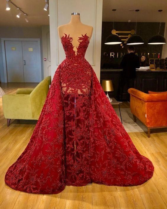 Red Prom Dress Detachable Skirt Beading Sequins Shinning Long Prom Dresses Gown