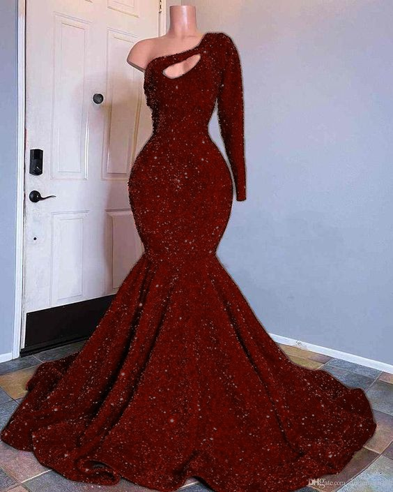 Red Sequined Mermaid Prom Dresses One Shoulder Long Sleeve Sequined Keyhole Prom Gown