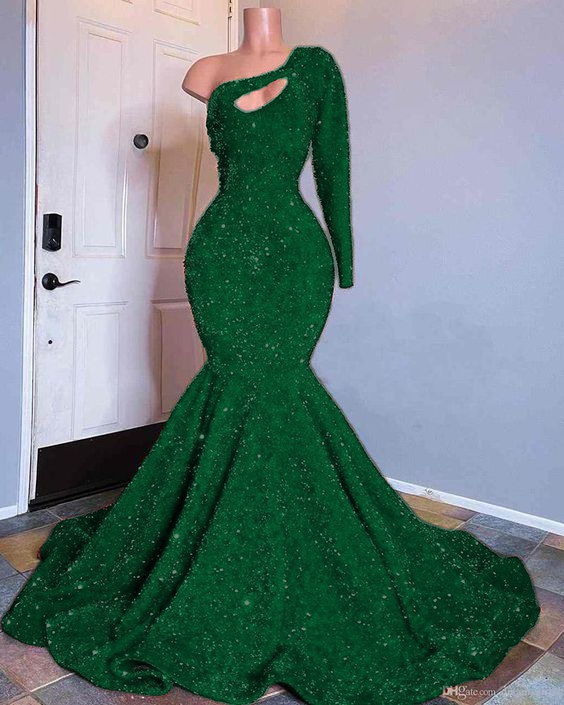 Red Sequined Mermaid Prom Dresses One Shoulder Long Sleeve Sequined Keyhole Prom Gown