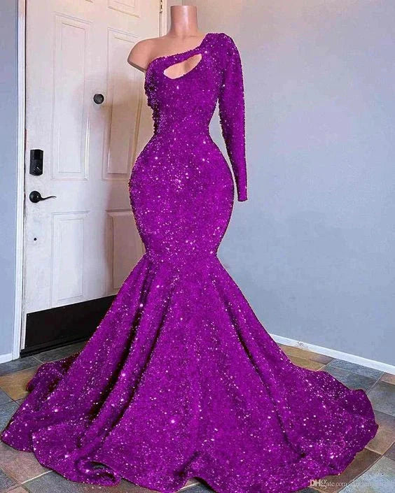 Red Sequined Mermaid Prom Dresses One Shoulder Long Sleeve Sequined Keyhole Prom Gown