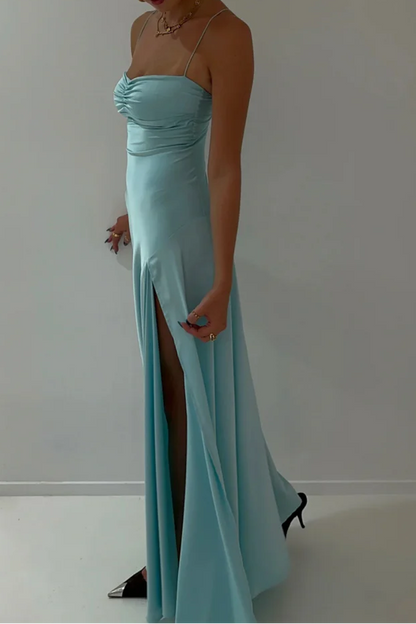 Vintage Satin Spaghetti Strap Ruched High Slit Prom Gowns