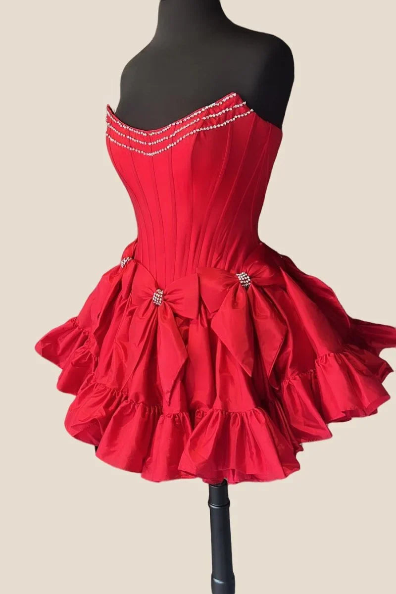 Vintage Red Beading Bow Ruffled Hem Design Strapless Homecoming Dress TP3759